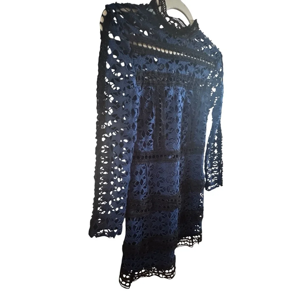 Ivivi Navy Blue Black Star Crochet Mini Dress Sz Medium Tiered Ruffles High Neck